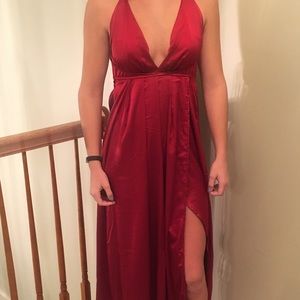 Princess Polly Satin red maxi dress Deep V neck